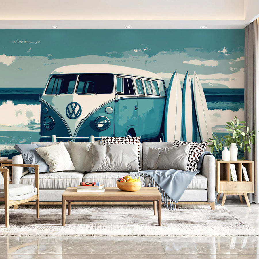 Vintage Surf Van Mural Wallpaper —Coastal Blue Illustration Mural Wallpaper