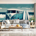 Vintage Surf Van Mural Wallpaper —Coastal Blue Illustration Mural Wallpaper - pure wallpaper artwork