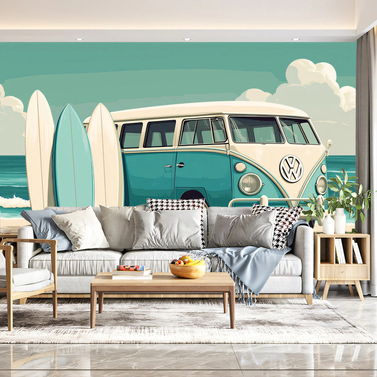 Vintage Surf Bus Mural Wallpaper — Coastal Teal and Cream Mural Wallpaper - pure wallpaper artwork