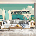 Vintage Surf Bus Mural Wallpaper — Coastal Teal and Cream Mural Wallpaper - pure wallpaper artwork