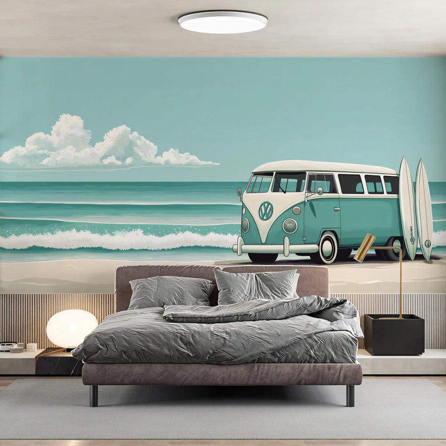 Vintage Surf Van Mural Wallpaper — Coastal Beach Scene Mural Wallpaper