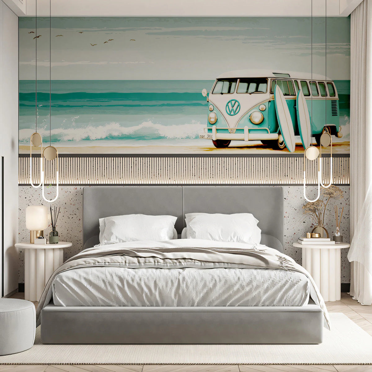 Vintage Surf Van Coastal Mural Wallpaper —Retro Beach Scene Mural Wallpaper - pure wallpaper artwork