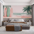 Coastal Surfboard Mural Wallpaper — Soft Pink and Palm Green Mural Wallpaper - pure wallpaper artwork