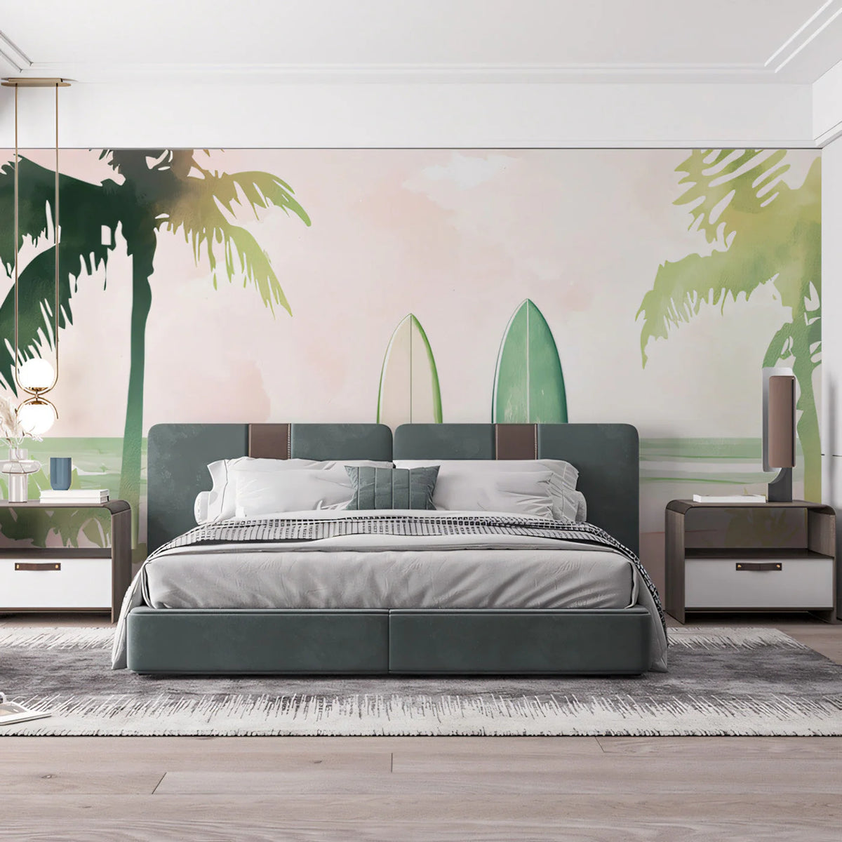 Coastal Surfboard Mural Wallpaper — Soft Pastel Beach Scene Mural Wallpaper - pure wallpaper artwork