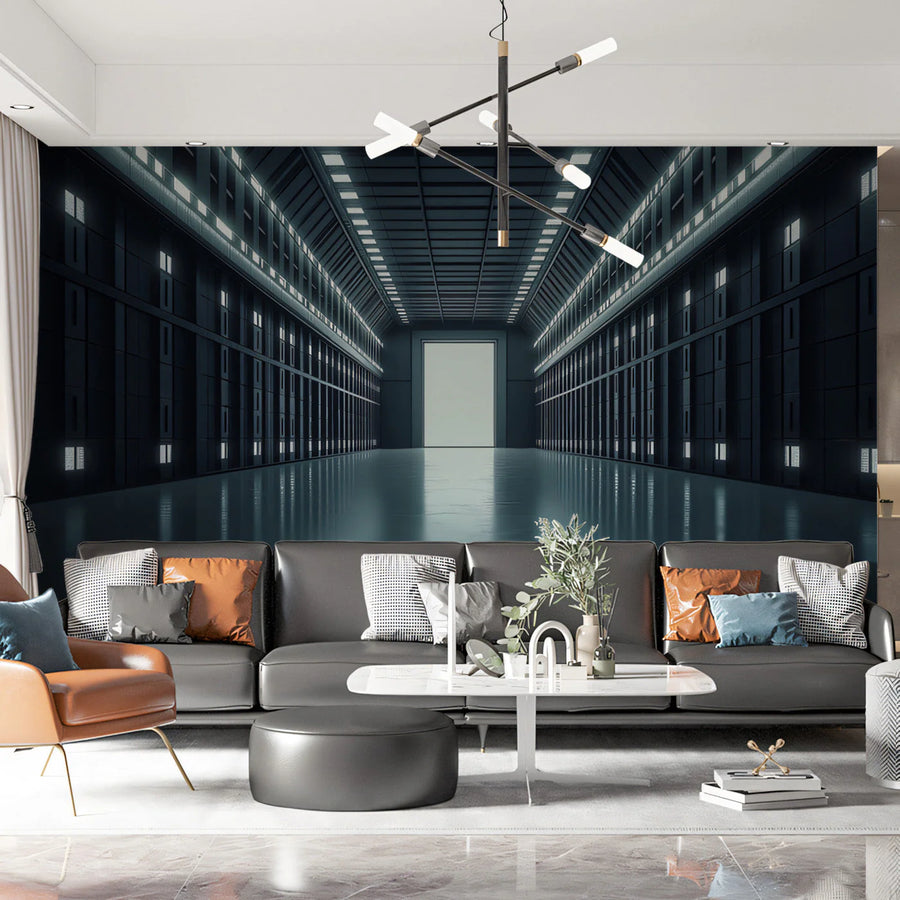 Futuristic Corridor Mural Wallpaper — Sleek Industrial Depth Mural Wallpaper
