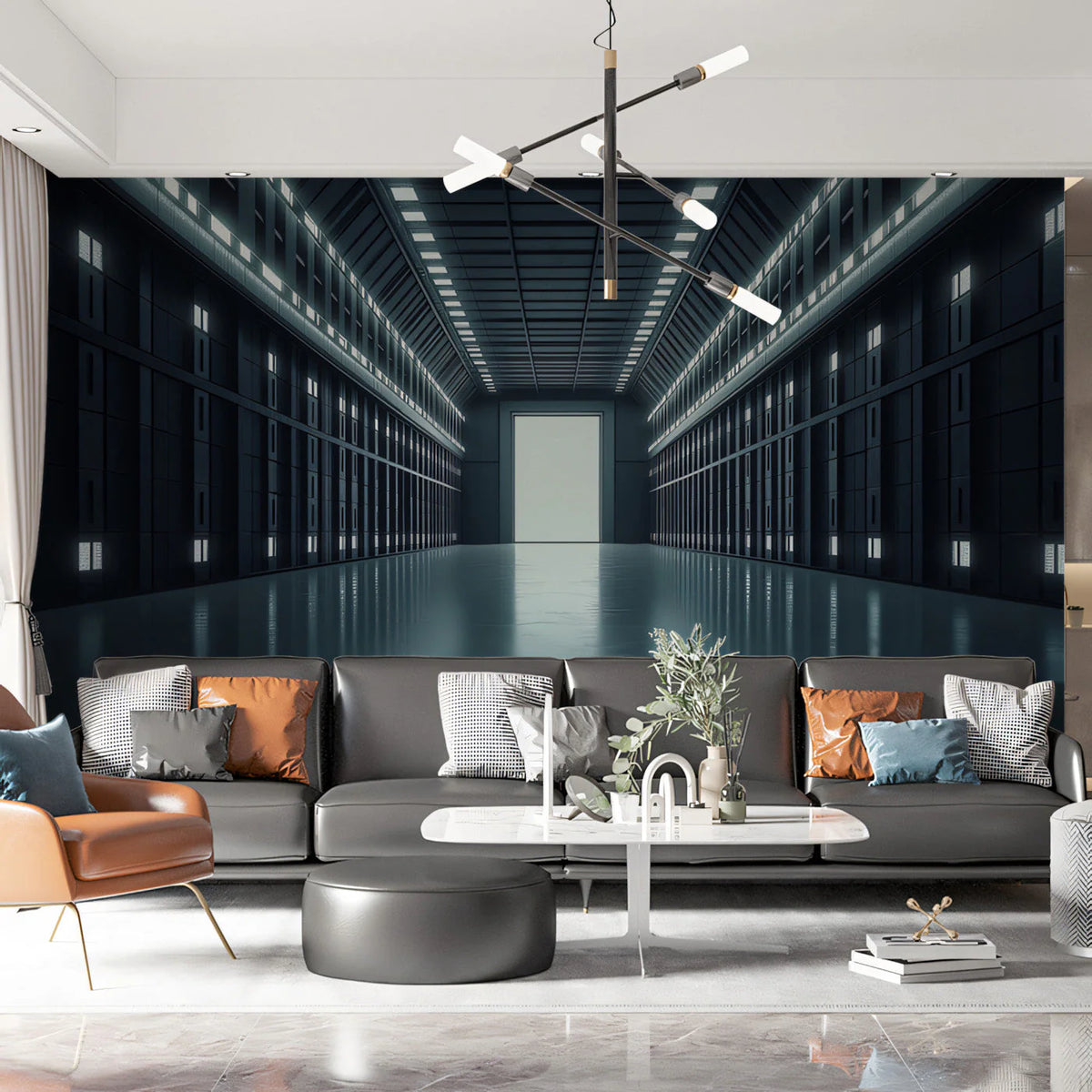 Futuristic Corridor Mural Wallpaper — Sleek Industrial Depth Mural Wallpaper - pure wallpaper artwork