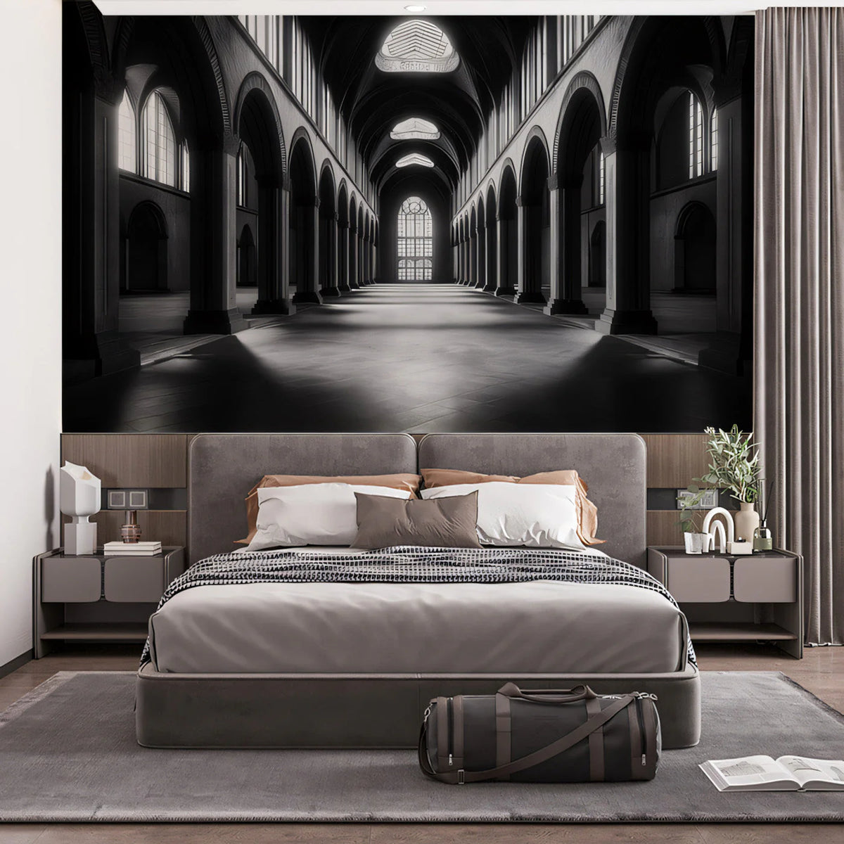Gothic Cathedral Archway Mural Wallpaper —Monochromatic Depth Mural Wallpaper - pure wallpaper artwork