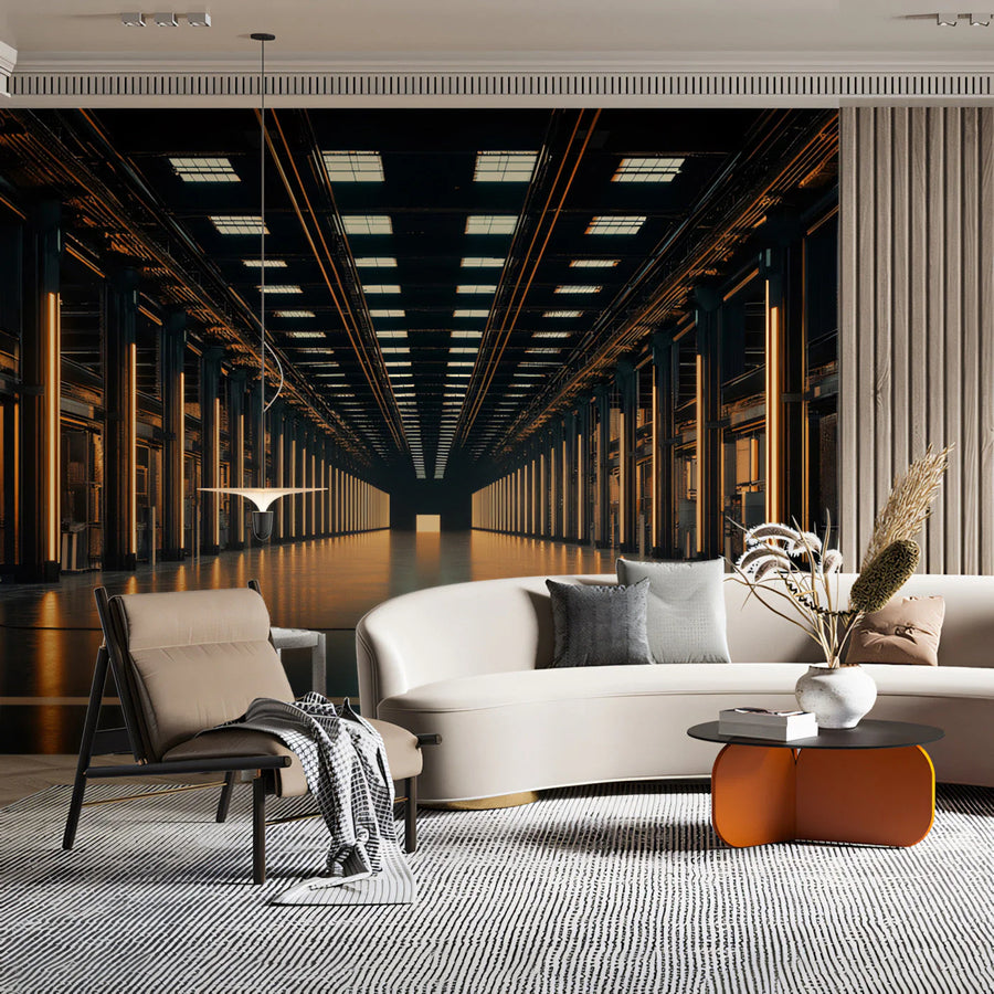 Industrial Tunnel Perspective Mural Wallpaper in Charcoal and Gold Mural Wallpaper