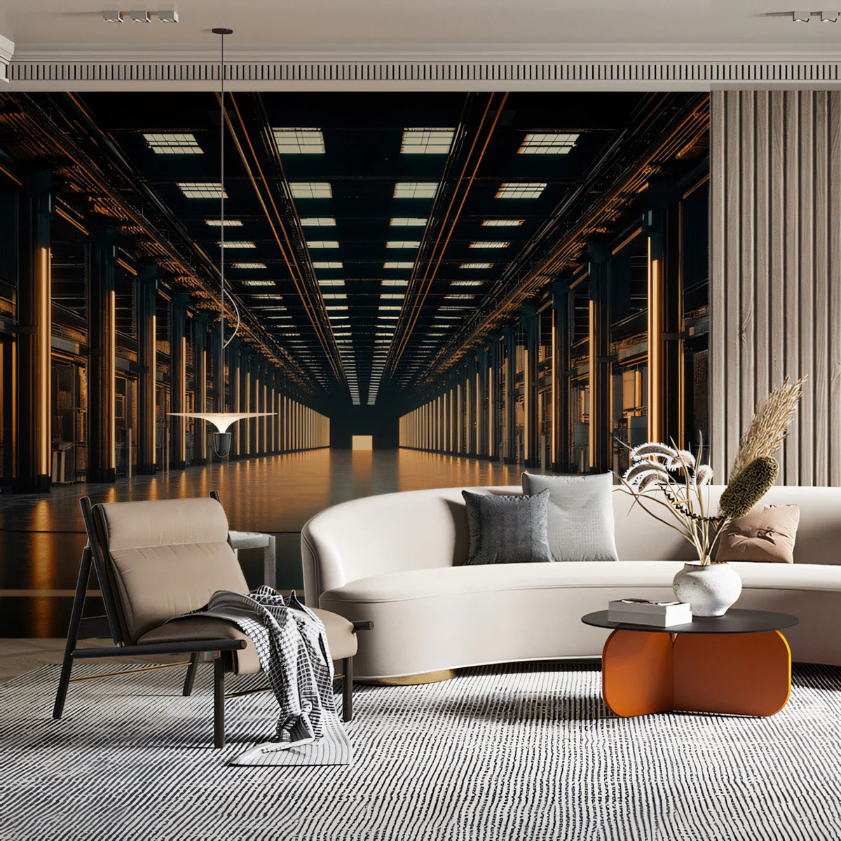 Industrial Tunnel Perspective Mural Wallpaper in Charcoal and Gold Mural Wallpaper - pure wallpaper artwork