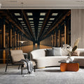 Industrial Tunnel Perspective Mural Wallpaper in Charcoal and Gold Mural Wallpaper - pure wallpaper artwork