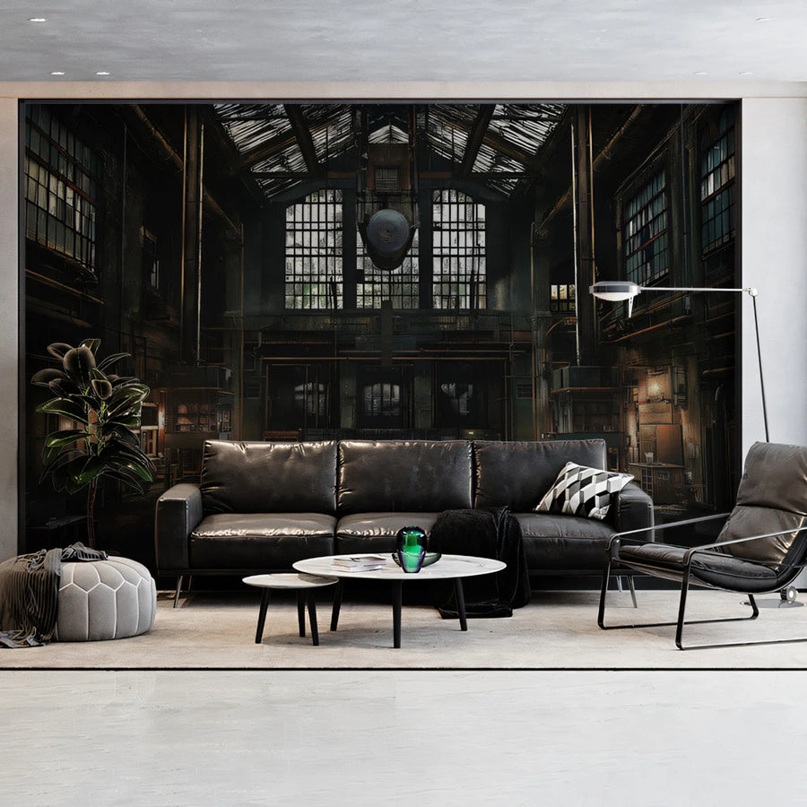 Industrial Factory Hall Mural Wallpaper — Vintage Brown and Gold Mural Wallpaper