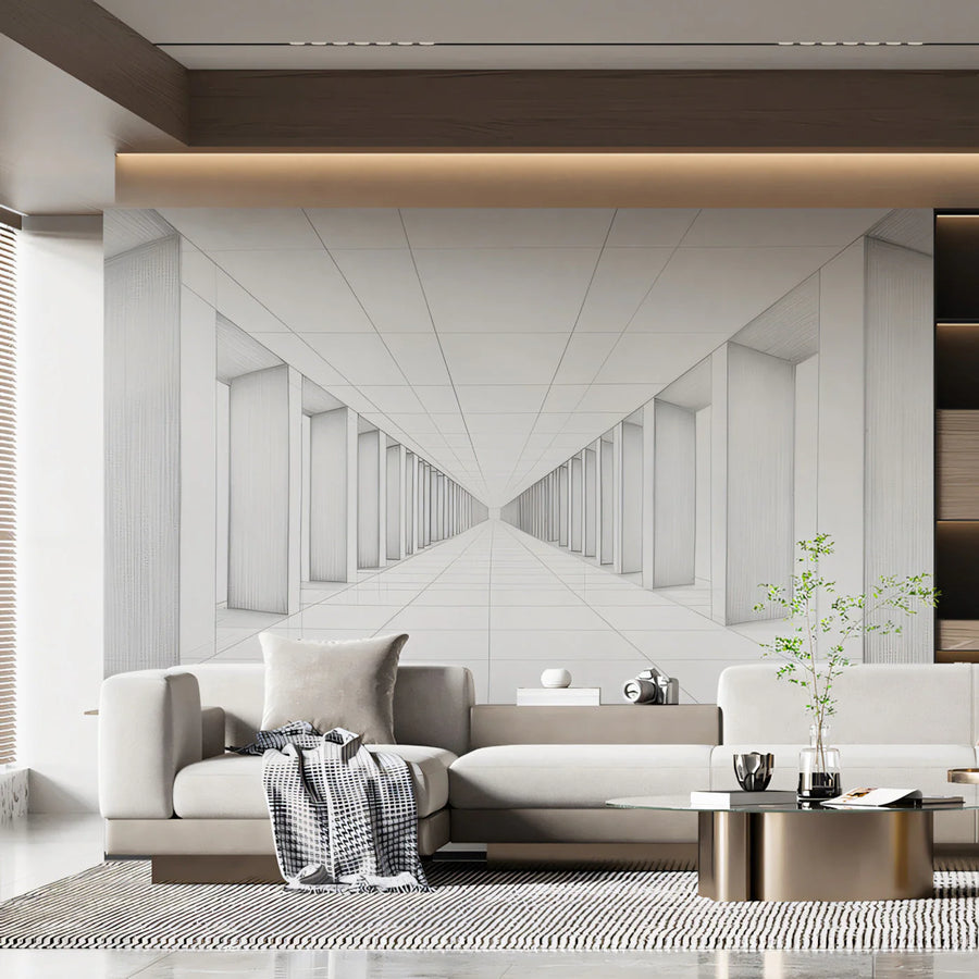 Architectural Corridor Sketch Mural Wallpaper — Modern Perspective Mural Wallpaper