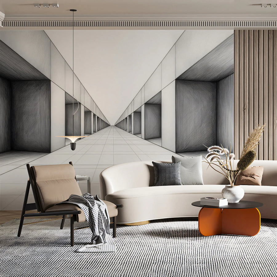 Architectural Perspective Mural Wallpaper — Minimalist Sketch Mural Wallpaper