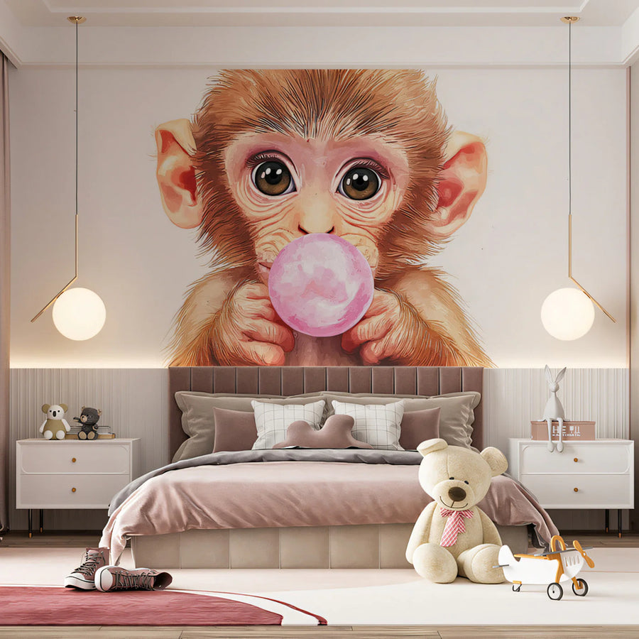 Baby Monkey Bubble Gum Mural Wallpaper — Whimsical Portrait Mural Wallpaper