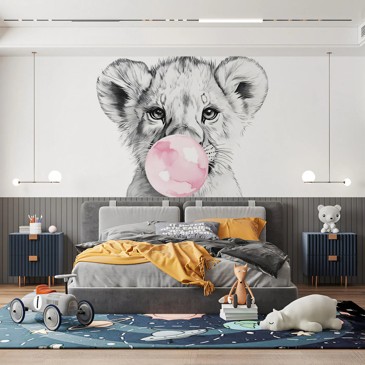 Lion Cub with Bubblegum Mural Wallpaper — Whimsical Sketch Design Mural Wallpaper - pure wallpaper artwork