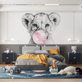 Lion Cub with Bubblegum Mural Wallpaper — Whimsical Sketch Design Mural Wallpaper - pure wallpaper artwork