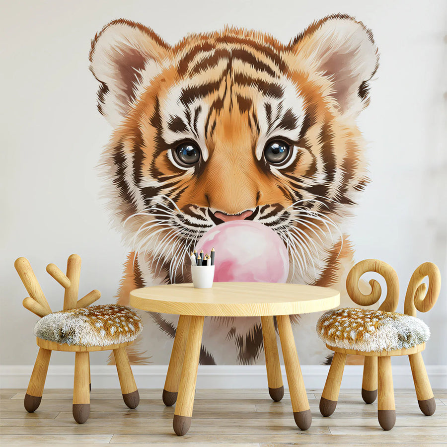 Tiger Cub Bubble Gum Mural Wallpaper — Playful Animal Art Mural Wallpaper