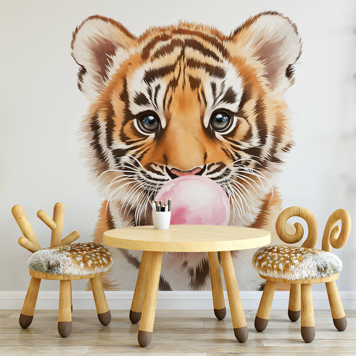 Tiger Cub Bubble Gum Mural Wallpaper — Playful Animal Art Mural Wallpaper - pure wallpaper artwork