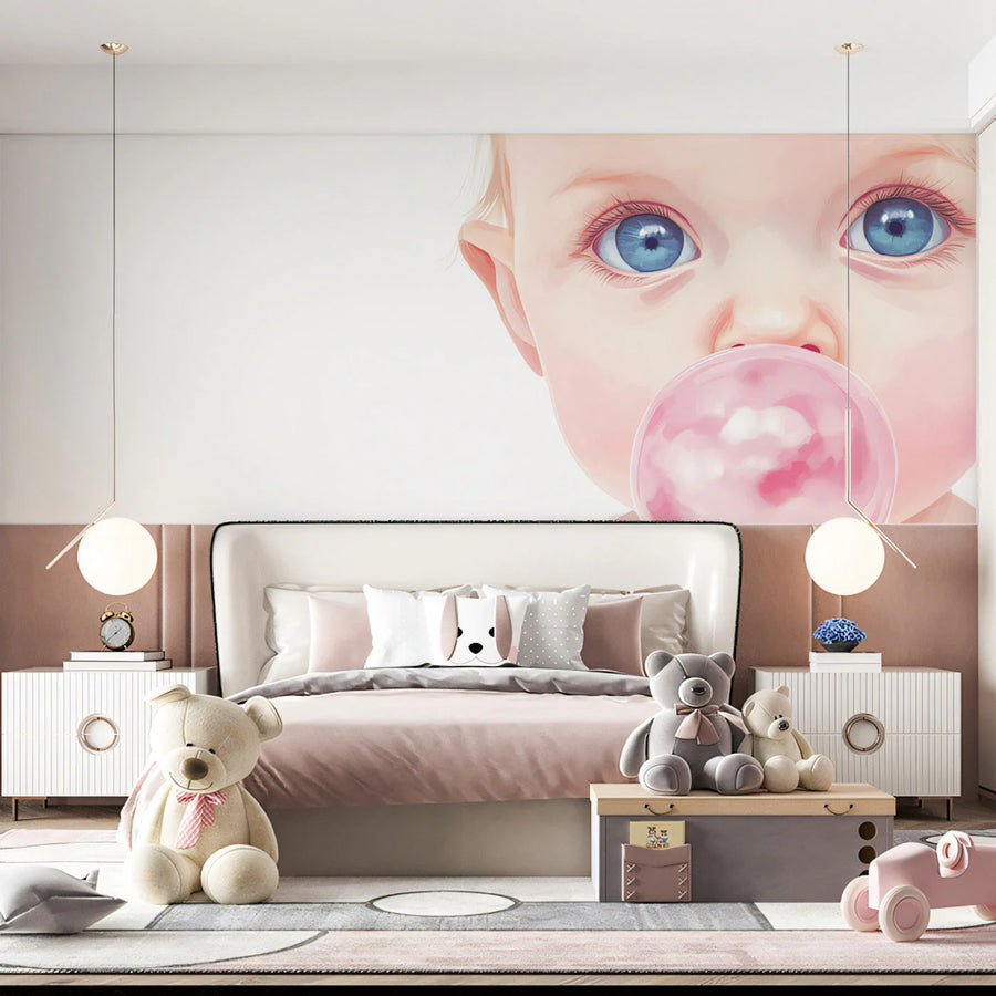 Innocent Bubble Gum Baby Mural Wallpaper —Soft Pastel Portrait Mural Wallpaper