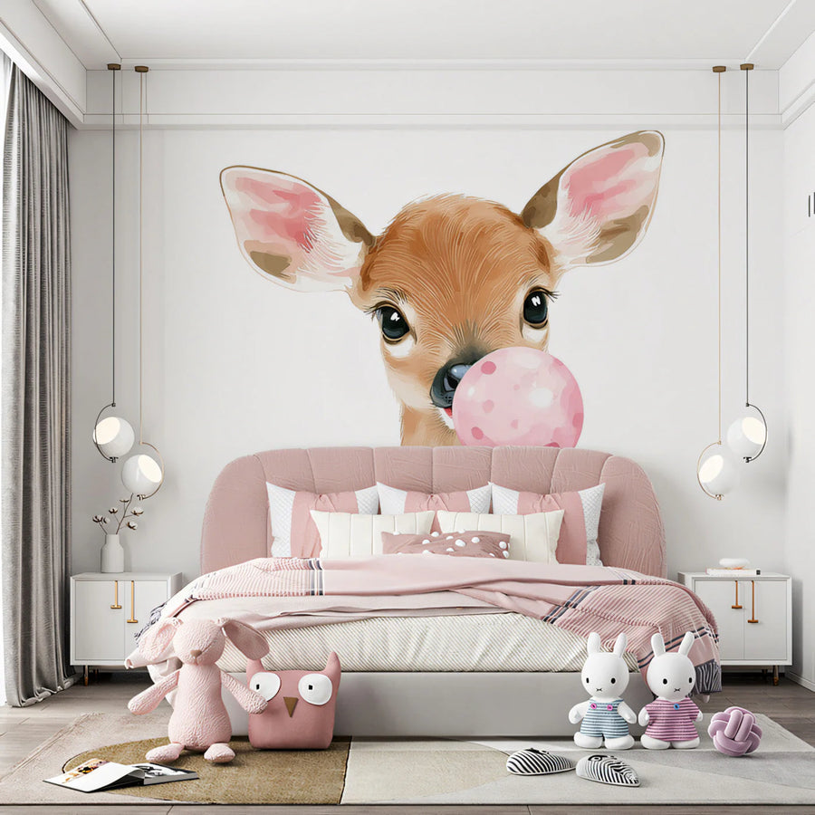Baby Deer with Bubble Gum Mural Wallpaper — Whimsical Illustration Mural Wallpaper