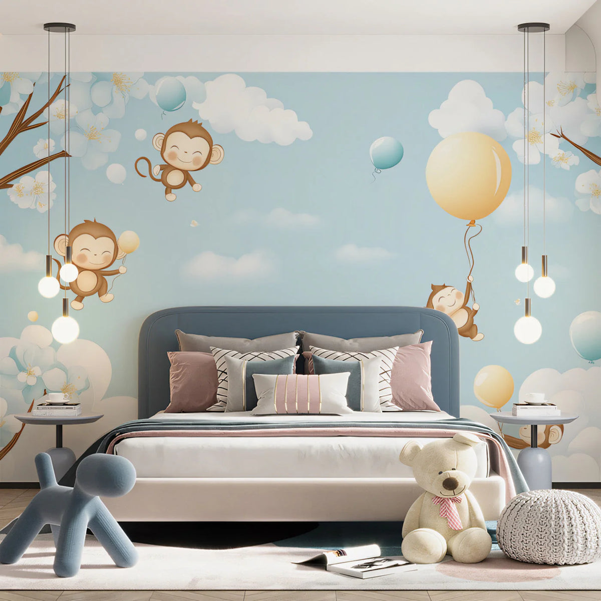 Playful Monkey and Balloon Sky Mural Wallpaper - pure wallpaper artwork