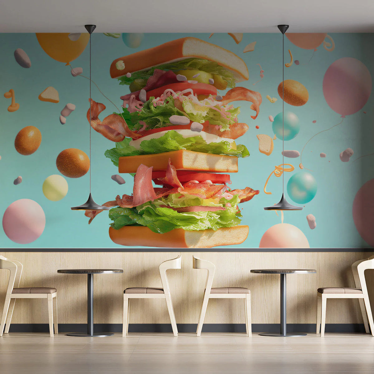 Floating Sandwich and Balloon Mural Wallpaper — Whimsical Design Mural Wallpaper - pure wallpaper artwork