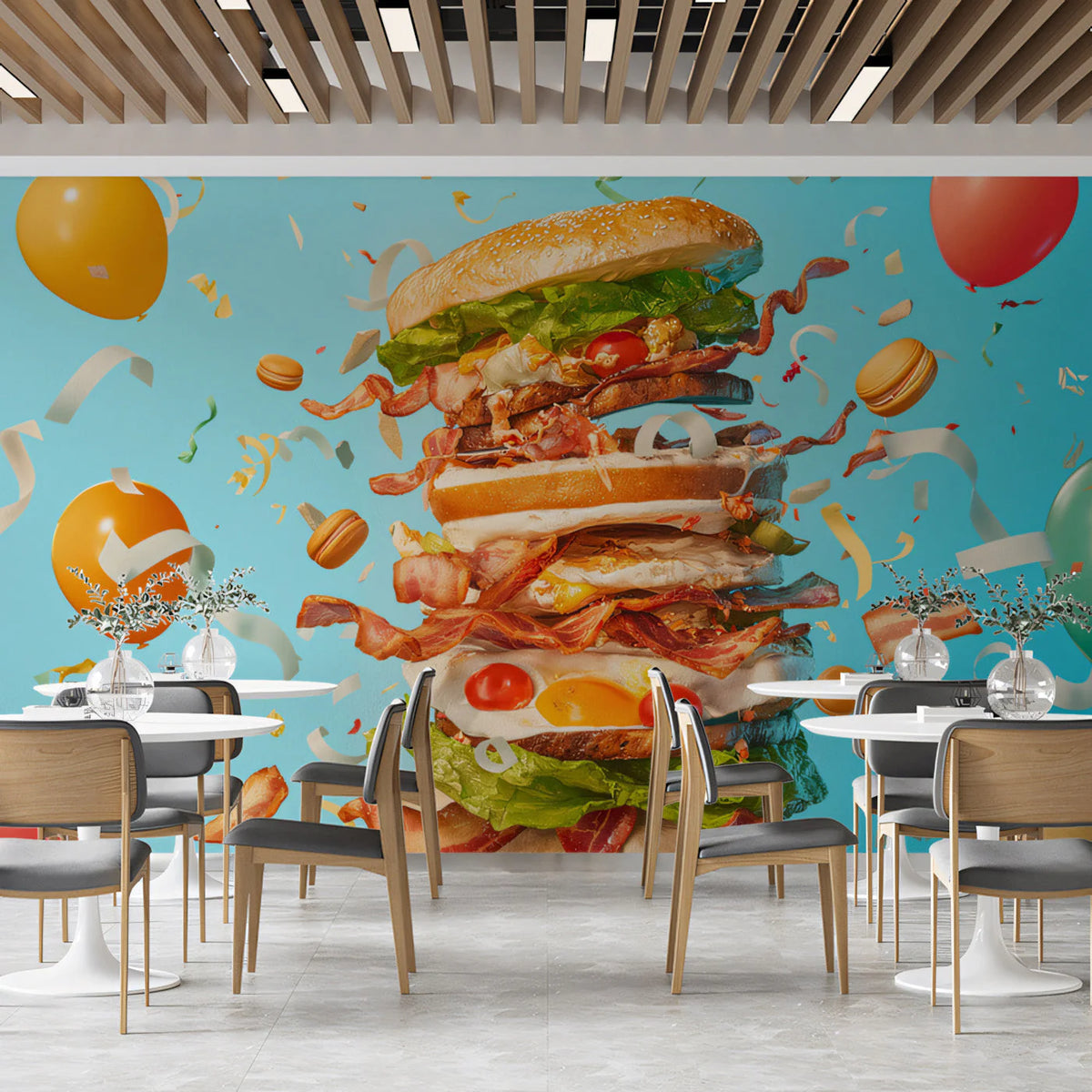 Floating Sandwich Celebration Mural Wallpaper —Whimsical Decor Mural Wallpaper - pure wallpaper artwork