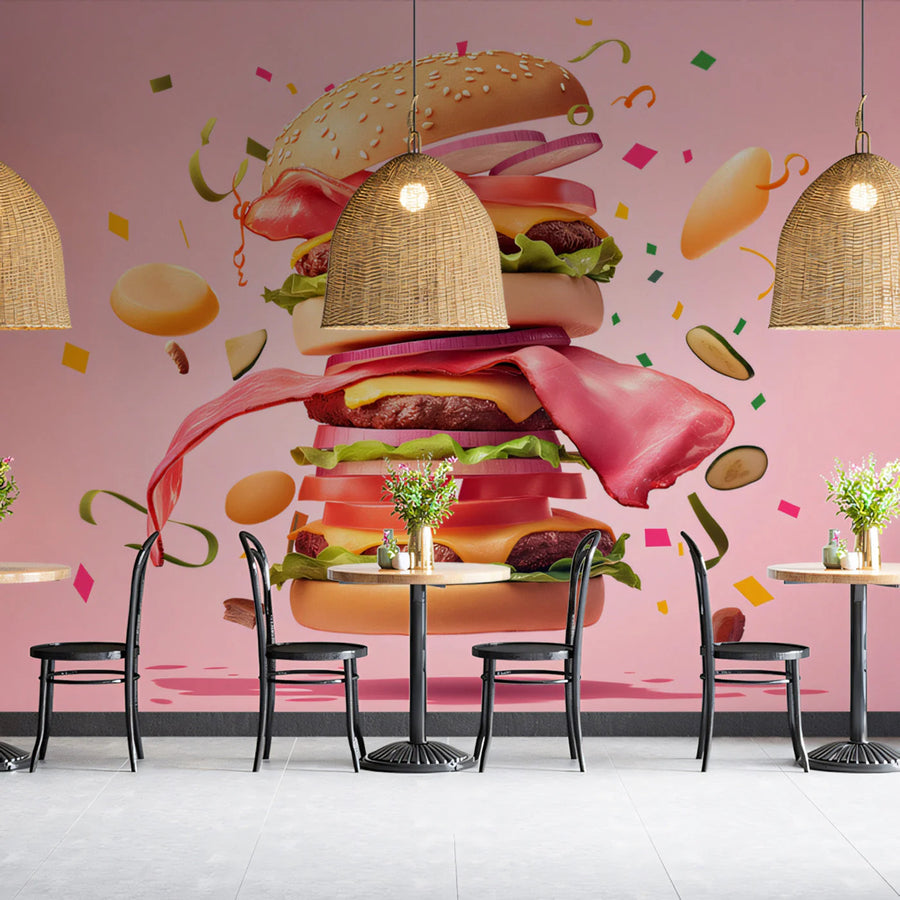 Floating Gourmet Burger Party Mural Wallpaper —Playful Pop Art Mural Wallpaper