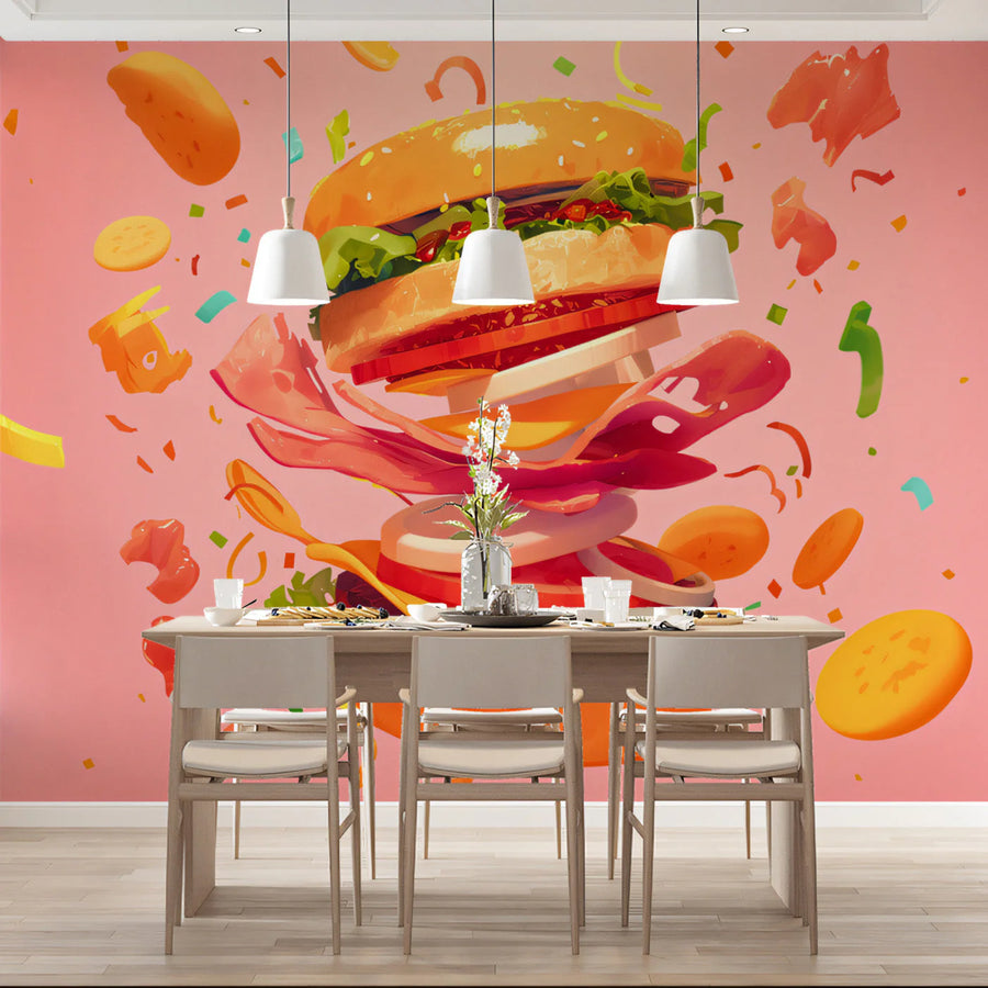 Floating Burger Feast Mural Wallpaper — Playful Pop Art Design Mural Wallpaper