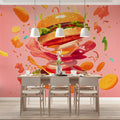 Floating Burger Feast Mural Wallpaper — Playful Pop Art Design Mural Wallpaper - pure wallpaper artwork