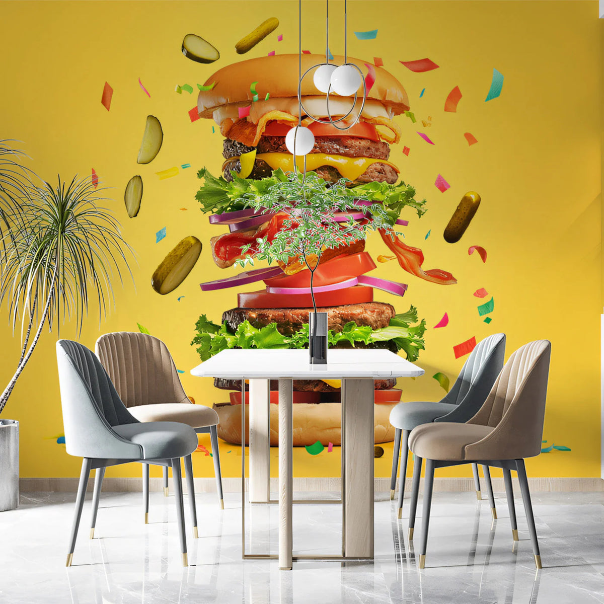 Towering Burger Celebration Mural Wallpaper — Pop Art Design Mural Wallpaper - pure wallpaper artwork