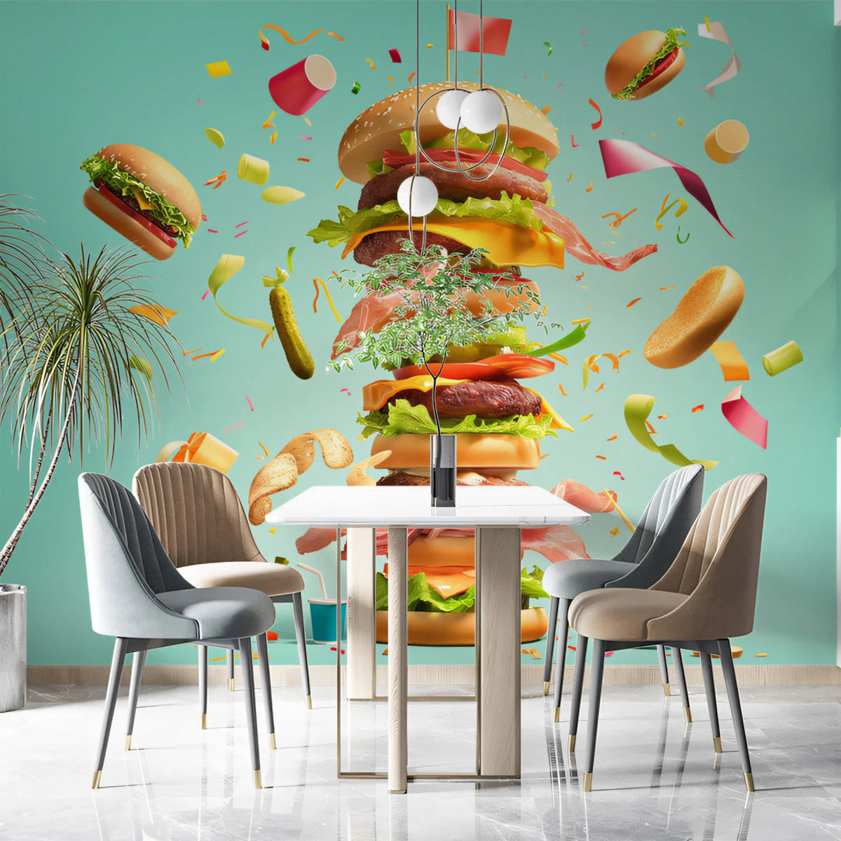 Burger Extravaganza Mural Wallpaper —Playful Food Art Mural Wallpaper - pure wallpaper artwork