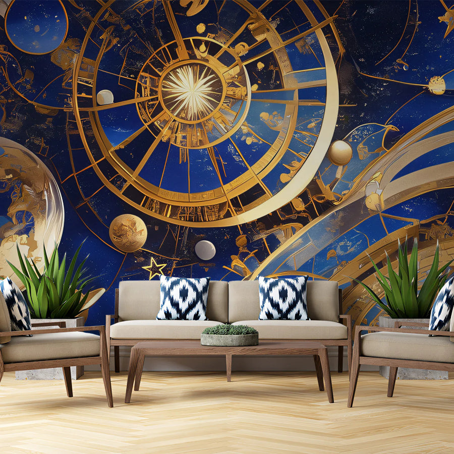 Celestial Orrery Mural Wallpaper in Deep Blue and Radiant Gold Mural Wallpaper