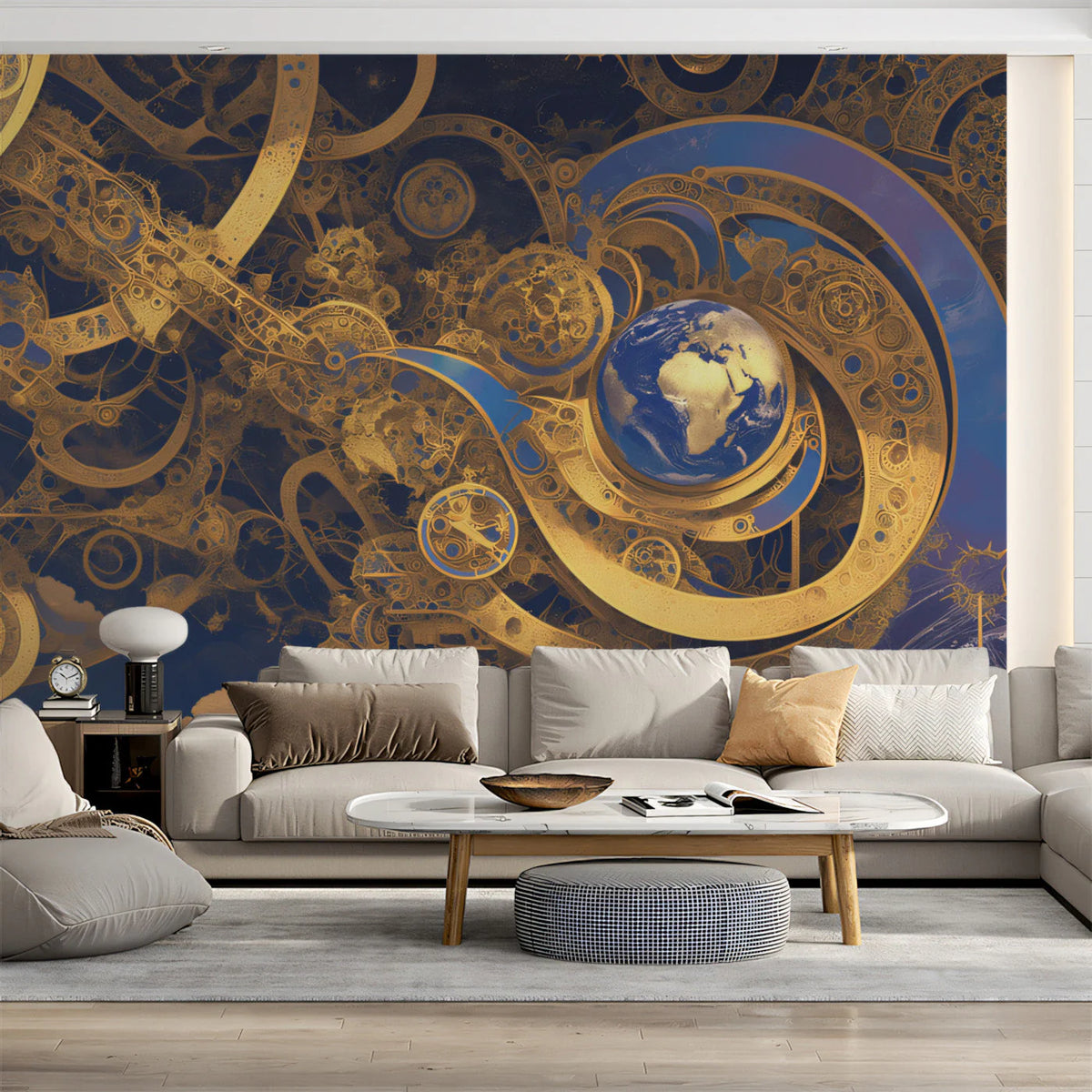 Celestial Orrery Mural Wallpaper — Astronomical Gold and Navy Mural Wallpaper - pure wallpaper artwork