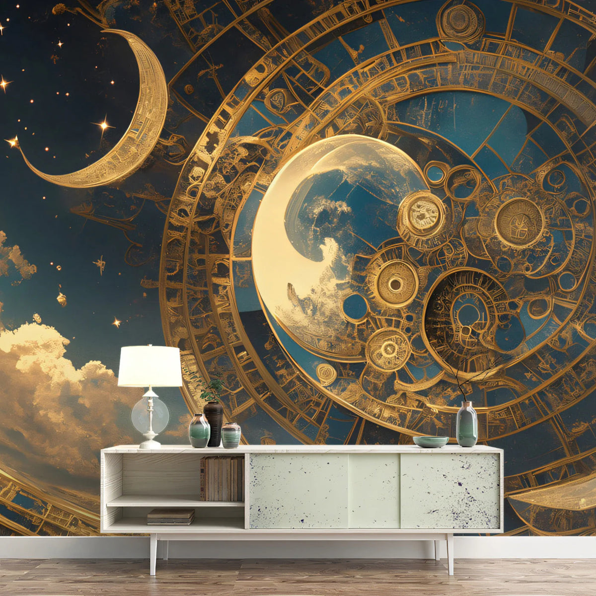 Celestial Clockwork Mural Wallpaper — Navy and Gold Astronomy Mural Wallpaper - pure wallpaper artwork