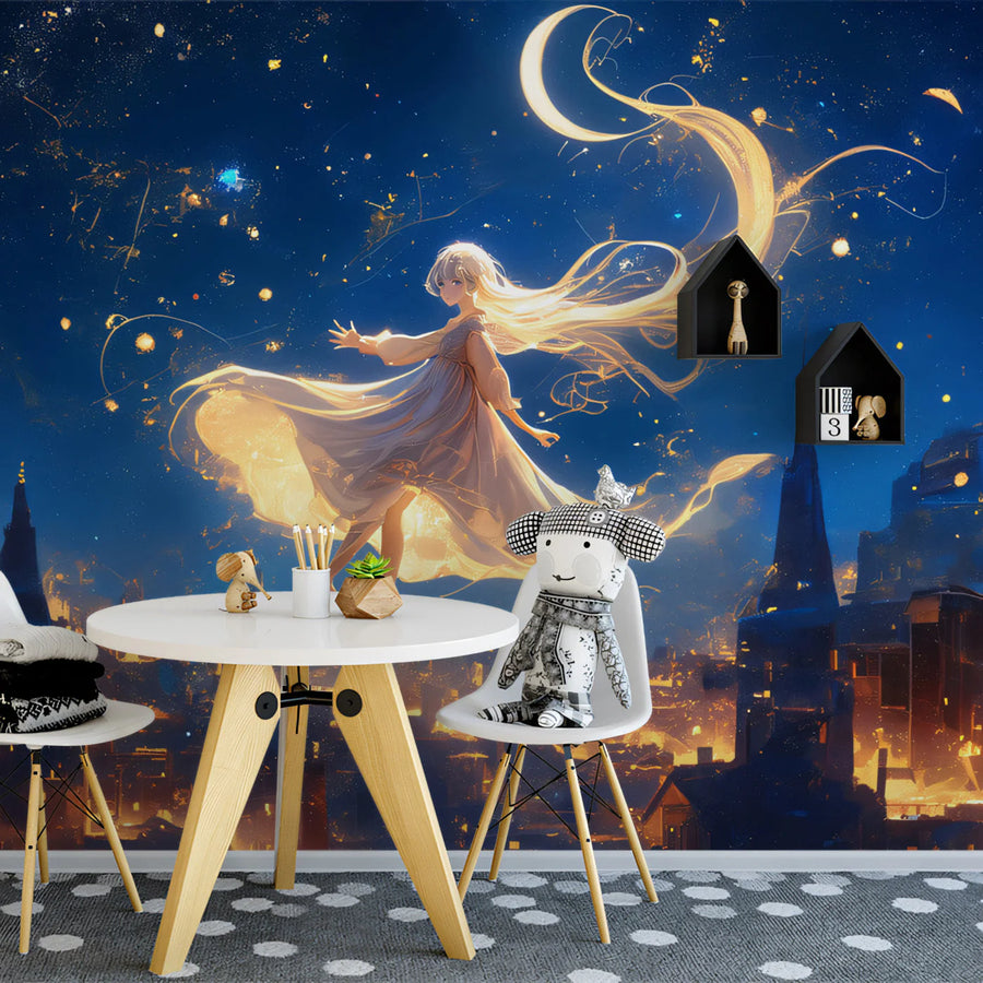 Celestial Dreamer Fantasy Mural Wallpaper — Night Sky and Golden Glow Mural Wallpaper