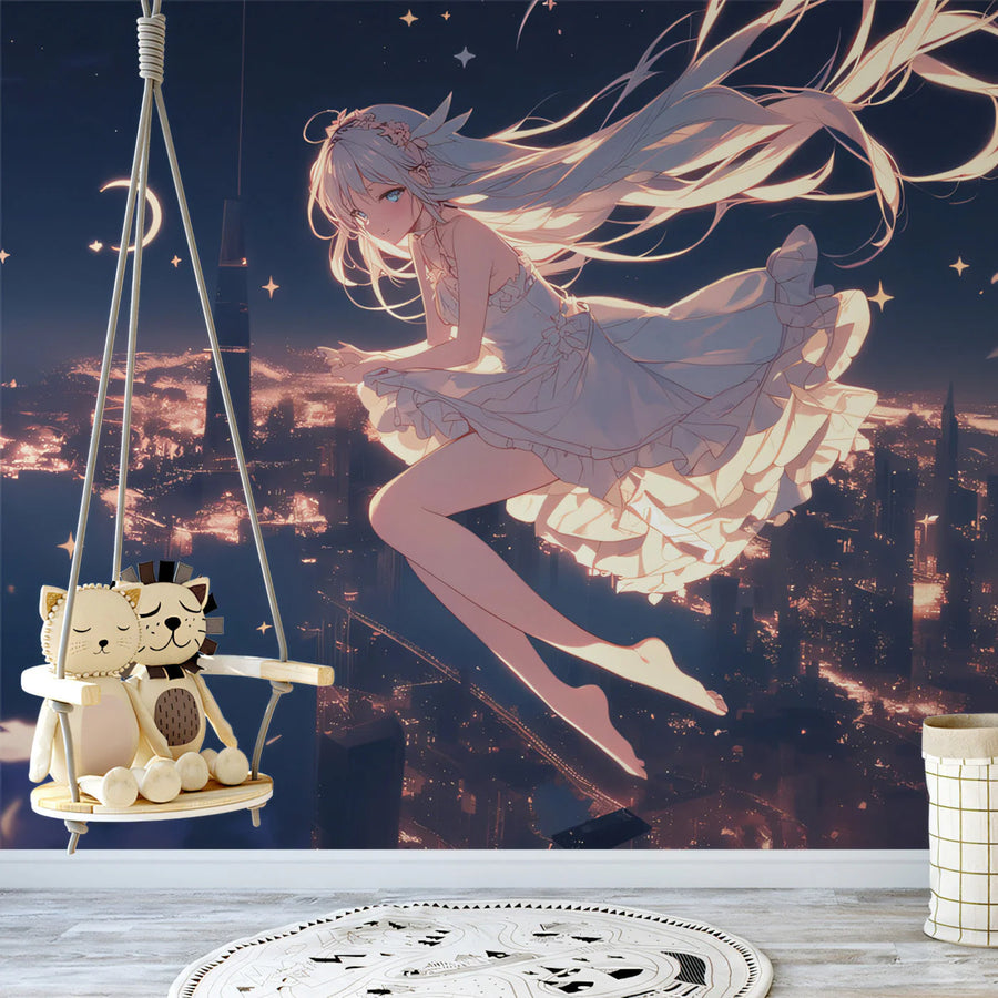 Floating Celestial Girl Mural Wallpaper — Dreamy Night Sky Design Mural Wallpaper
