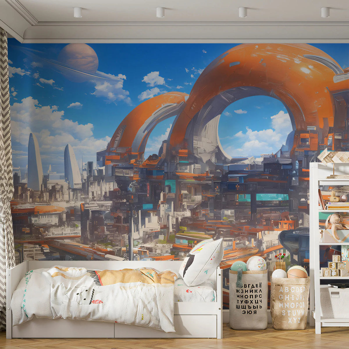 Futuristic Orange Cityscape Mural Wallpaper — Architectural Concept Mural Wallpaper - pure wallpaper artwork