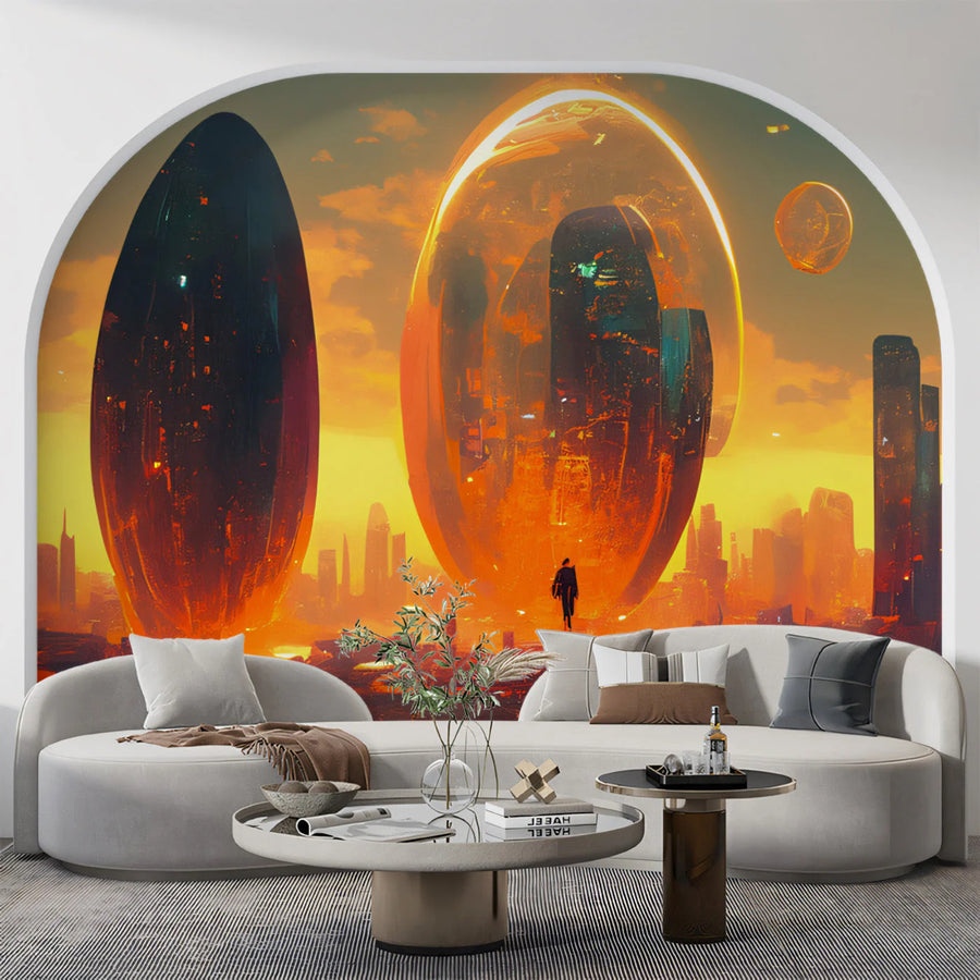 Futuristic Sunset Cityscape Mural Wallpaper — Speculative Art Mural Wallpaper