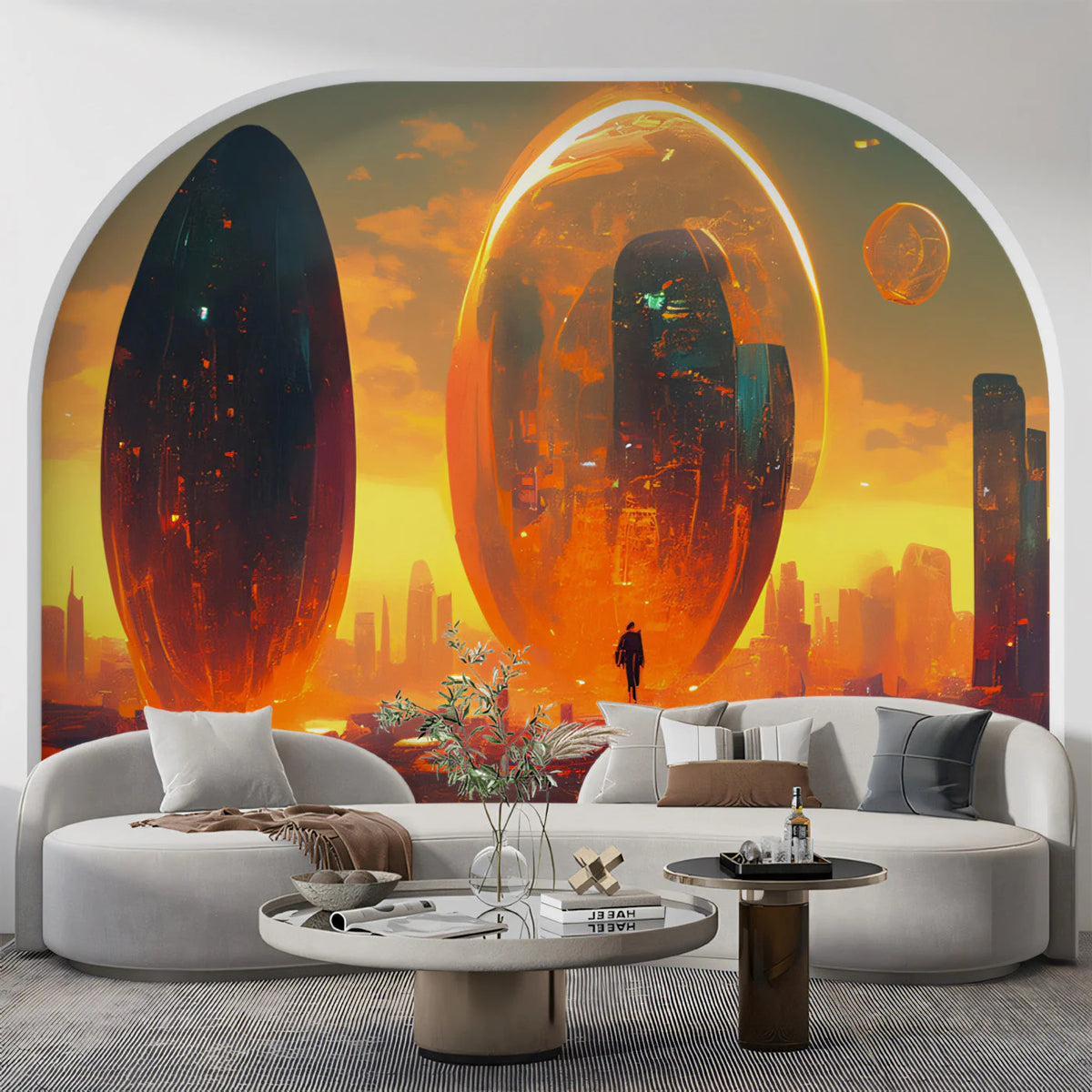 Futuristic Sunset Cityscape Mural Wallpaper — Speculative Art Mural Wallpaper - pure wallpaper artwork