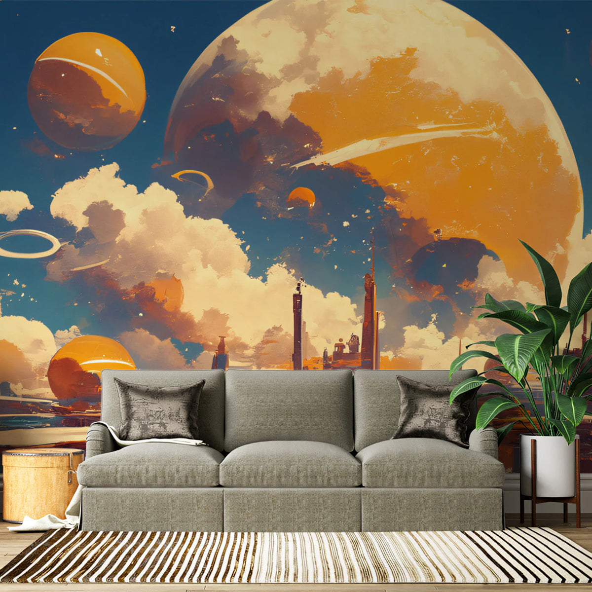 Celestial Horizon Mural Wallpaper — Cosmic Orange and Blue Mural Wallpaper - pure wallpaper artwork