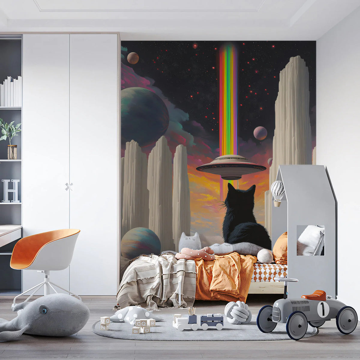 Cosmic Cat Alien Landscape Mural Wallpaper — Surreal Fantasy Mural Wallpaper - pure wallpaper artwork