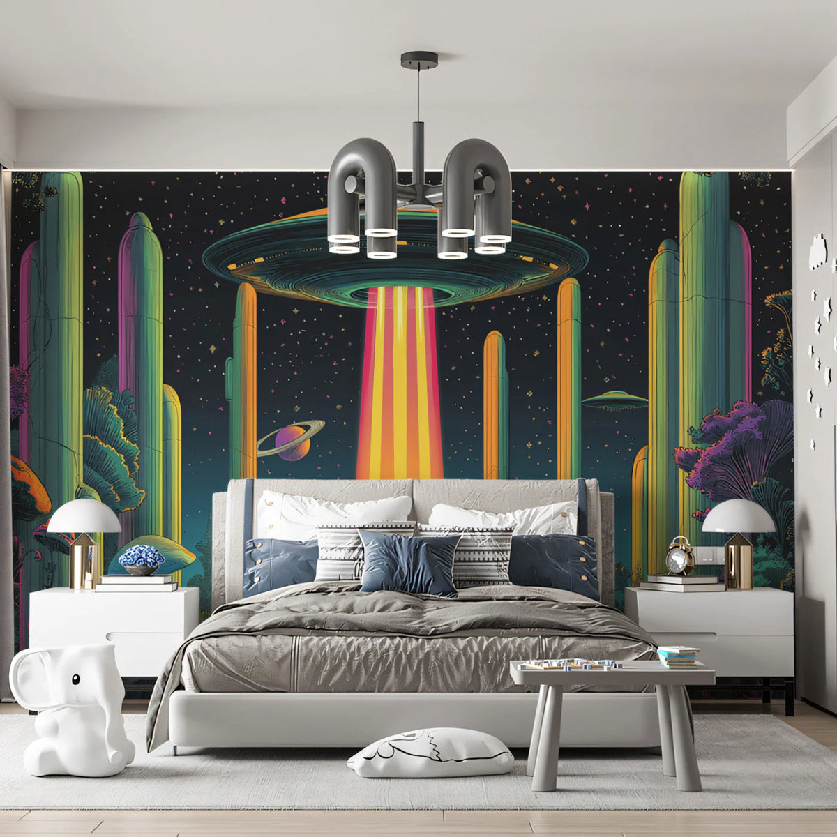 Cosmic Cat and UFO Encounter Mural Wallpaper —Whimsical Sci-Fi Mural Wallpaper - pure wallpaper artwork