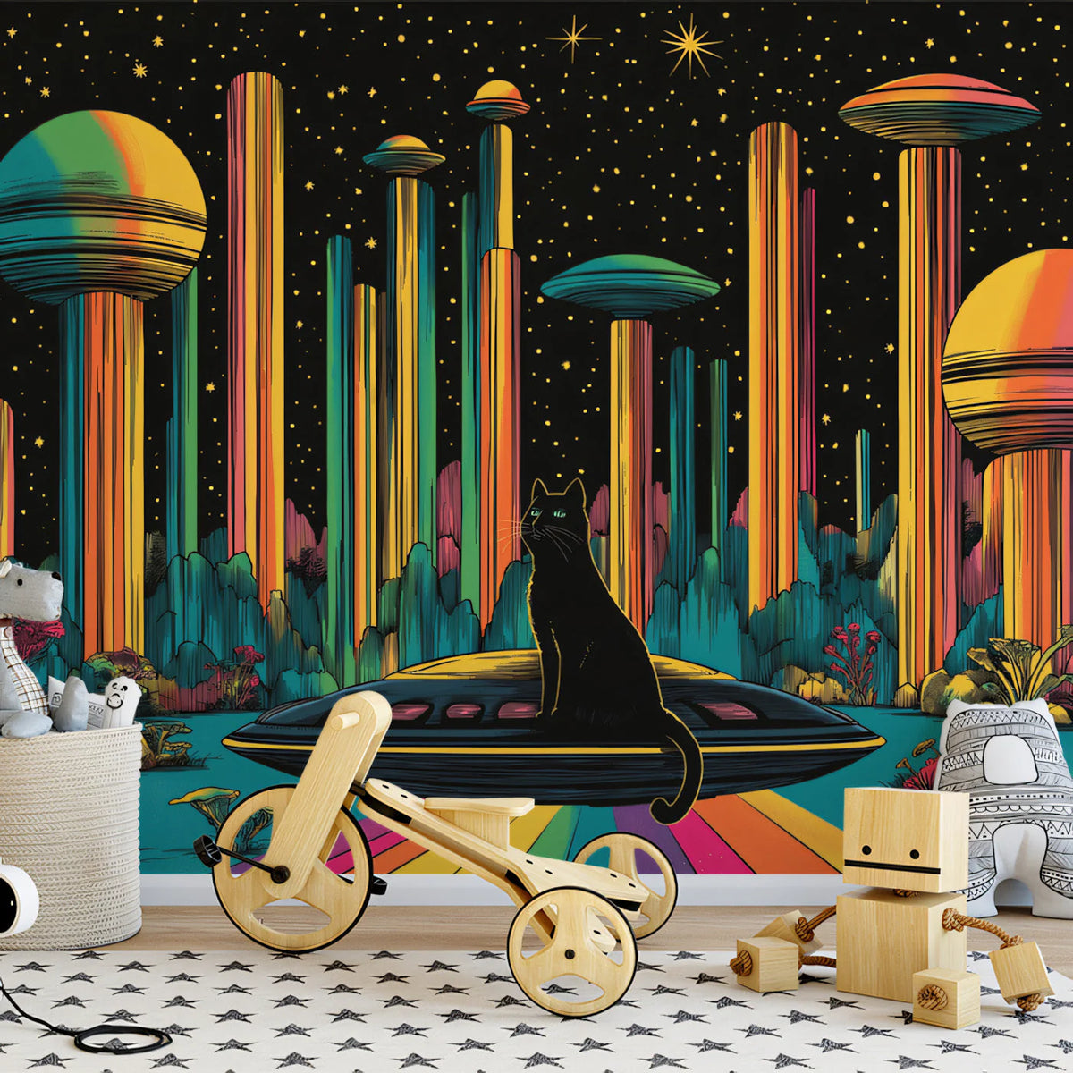 Cosmic Cat and Retro UFO Mural Wallpaper — Vibrant Sci-Fi Art Mural Wallpaper - pure wallpaper artwork