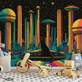Cosmic Cat and Retro UFO Mural Wallpaper — Vibrant Sci-Fi Art Mural Wallpaper - pure wallpaper artwork