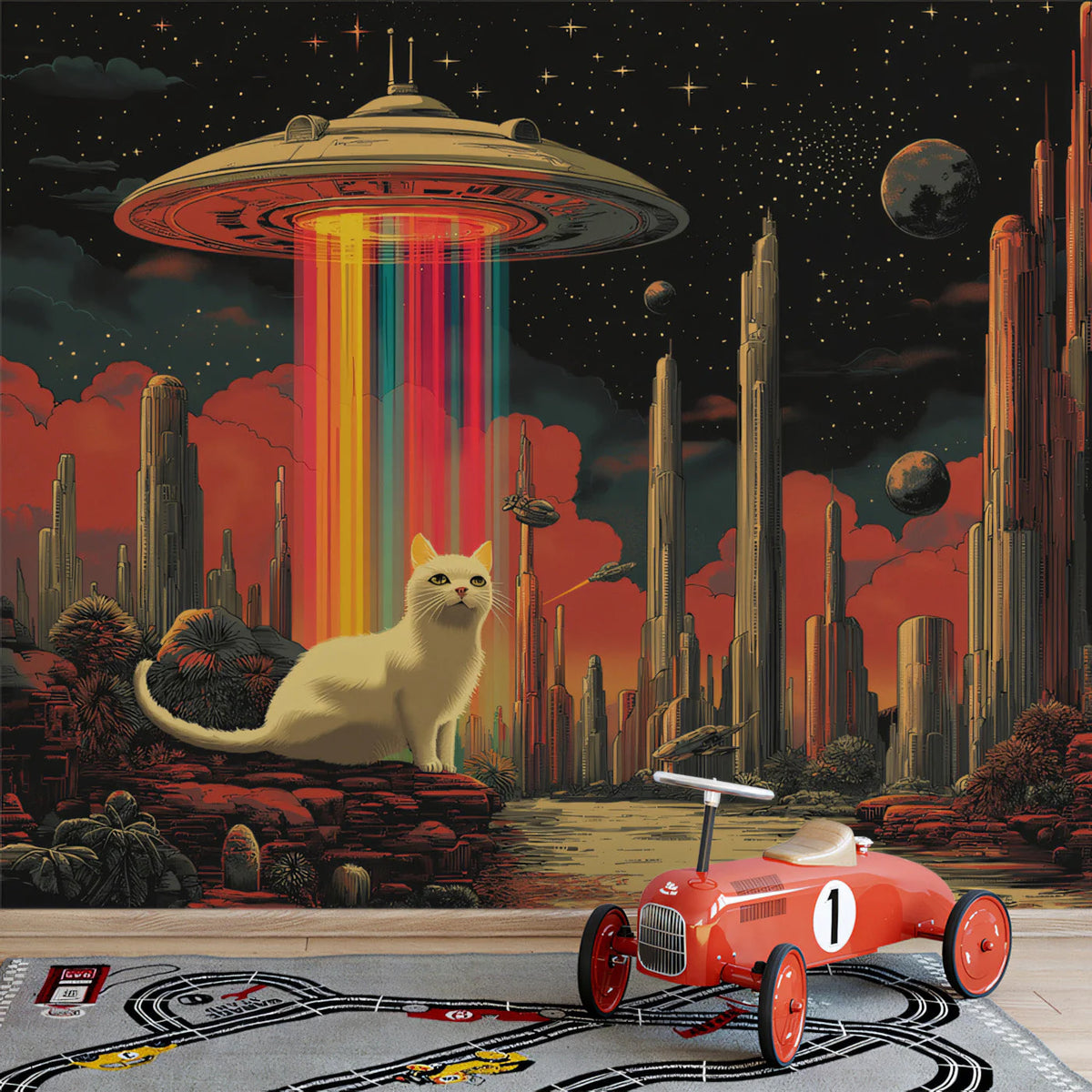 Cosmic Feline UFO Adventure Mural Wallpaper — Sci-Fi Illustration Mural Wallpaper - pure wallpaper artwork