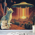 Cosmic Cat and Desert UFO Adventure Mural Wallpaper - pure wallpaper artwork