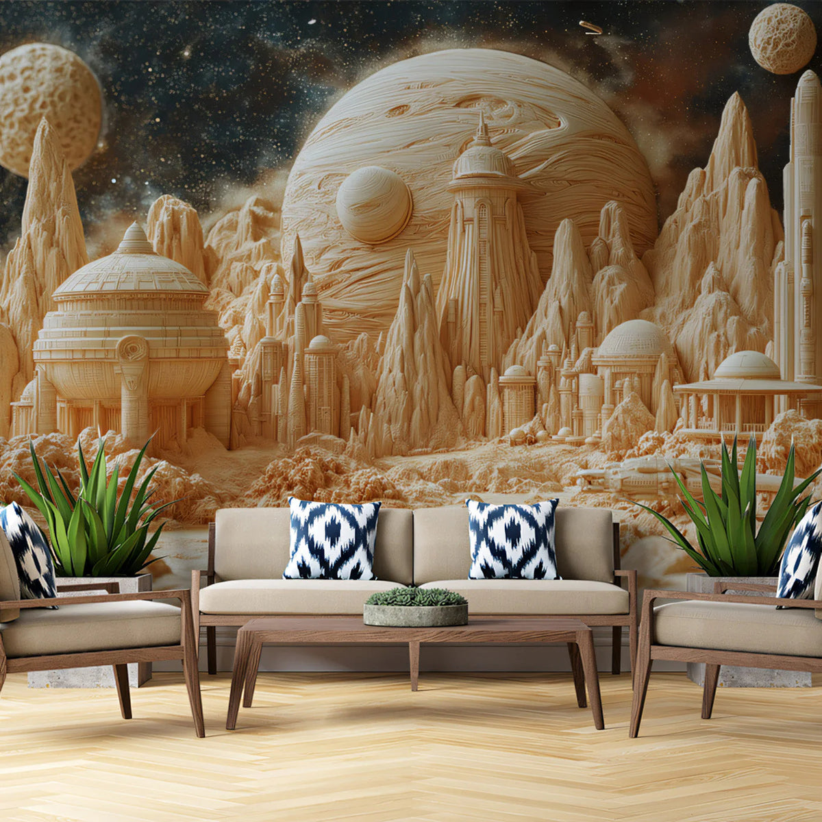 Desert Planet Alien Settlement Mural Wallpaper — Sci-Fi Landscape Mural Wallpaper - pure wallpaper artwork