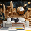Alien Planet Settlement Mural Wallpaper — Carved Wood Aesthetic Mural Wallpaper - pure wallpaper artwork