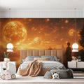 Celestial Horizon Mural Wallpaper — Warm Golden Cosmic Landscape Mural Wallpaper - pure wallpaper artwork